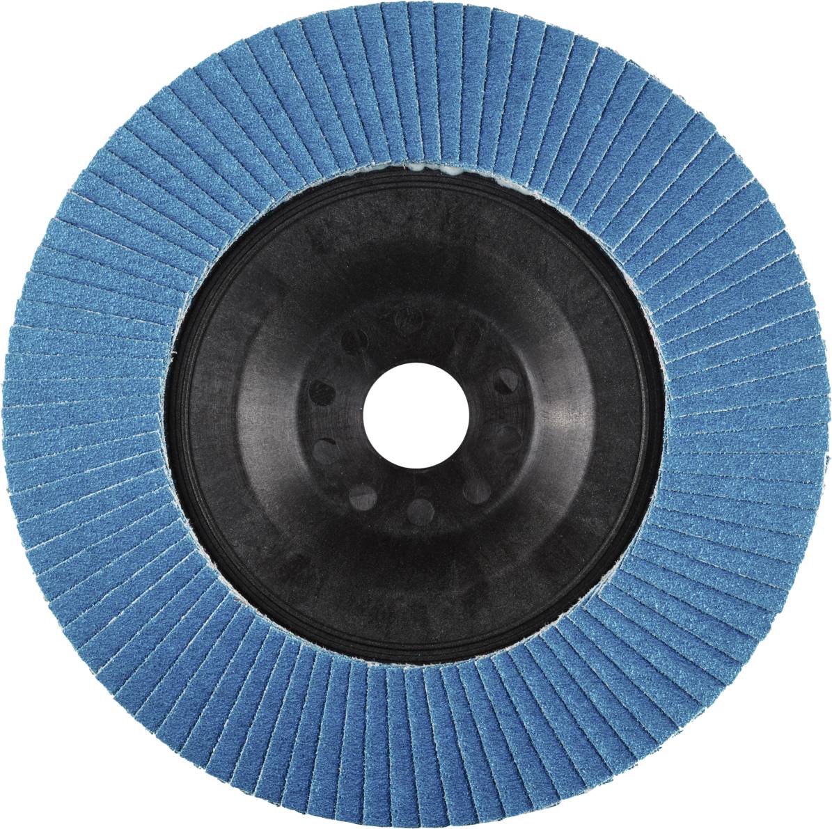 Ein blauer Schleifmopteller mit schwarzer Mitte, von oben gesehen. Er wird zum Schleifen und Polieren von Oberflächen verwendet.