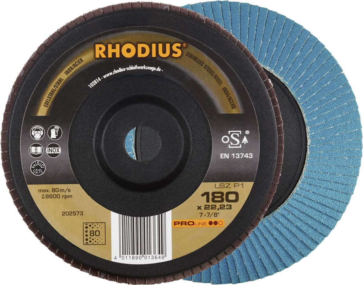 'RHODIUS' Fächerscheibe, 180 x 22,23 mm, für Metallbearbeitung. Enthält Infos wie Maximalgeschwindigkeit 80 m/s und 8600 U/min.