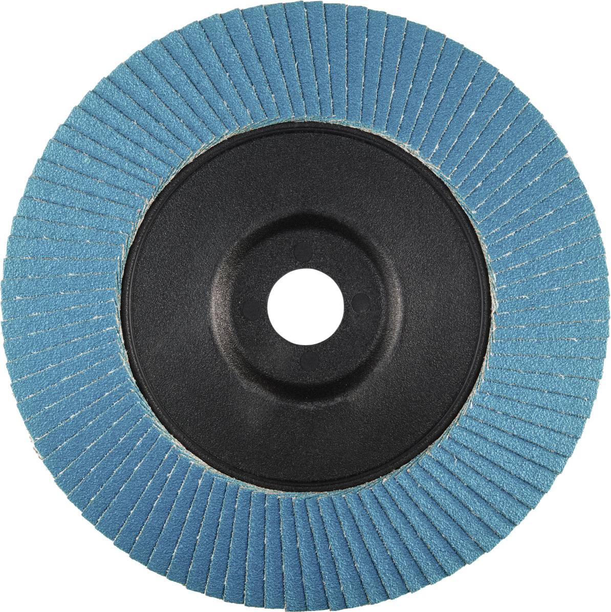 Eine blaue Lamellenscheibe mit zentraler Öffnung. Die Scheibe hat gleichmäßig verteilte Schleiflamellen und wird zur Materialbearbeitung verwendet.