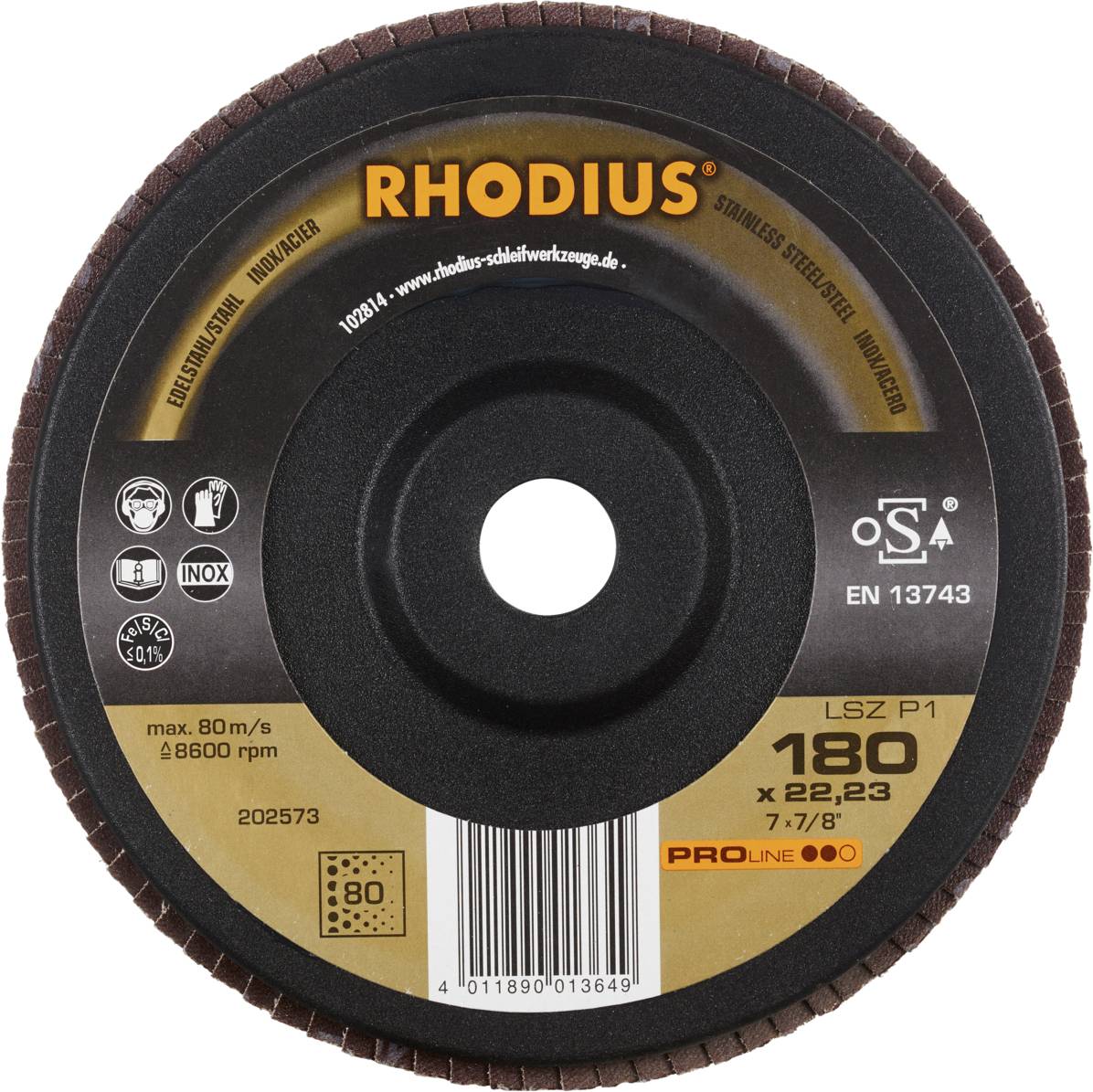 'RHODIUS' Schleifscheibe, Modell LSZ P1, Durchmesser 180 mm, 22,23 mm Bohrung, für Edelstahl und Stahlbearbeitung, max. 8600 U/min.