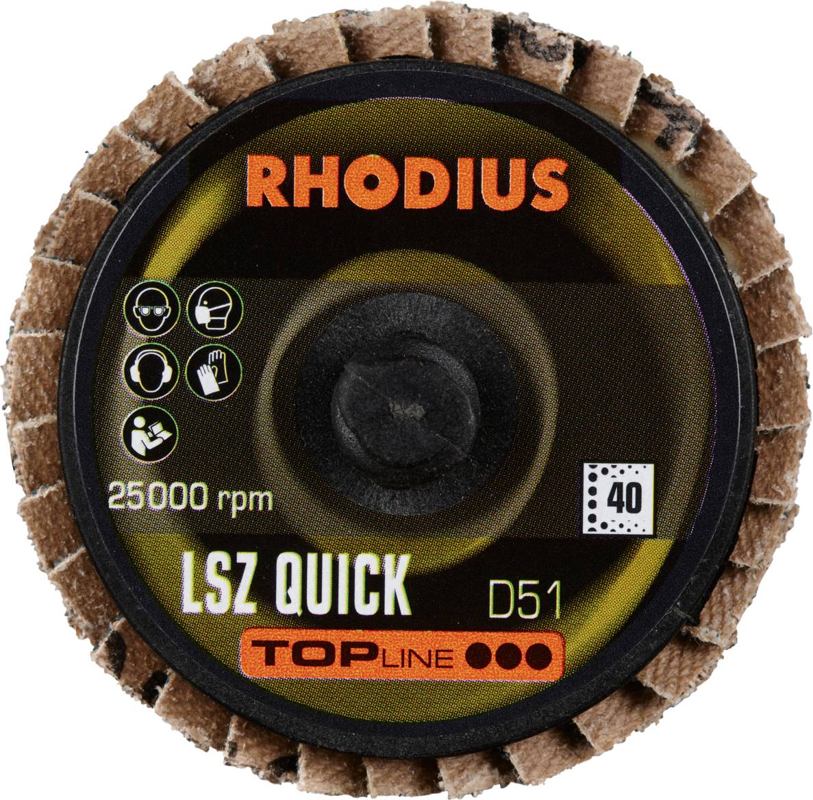 Schleifscheibe von Rhodius, Modell LSZ Quick D51, 25000 U/min, Körnung 40. Geeignet für den Einsatz mit hohem Tempo.