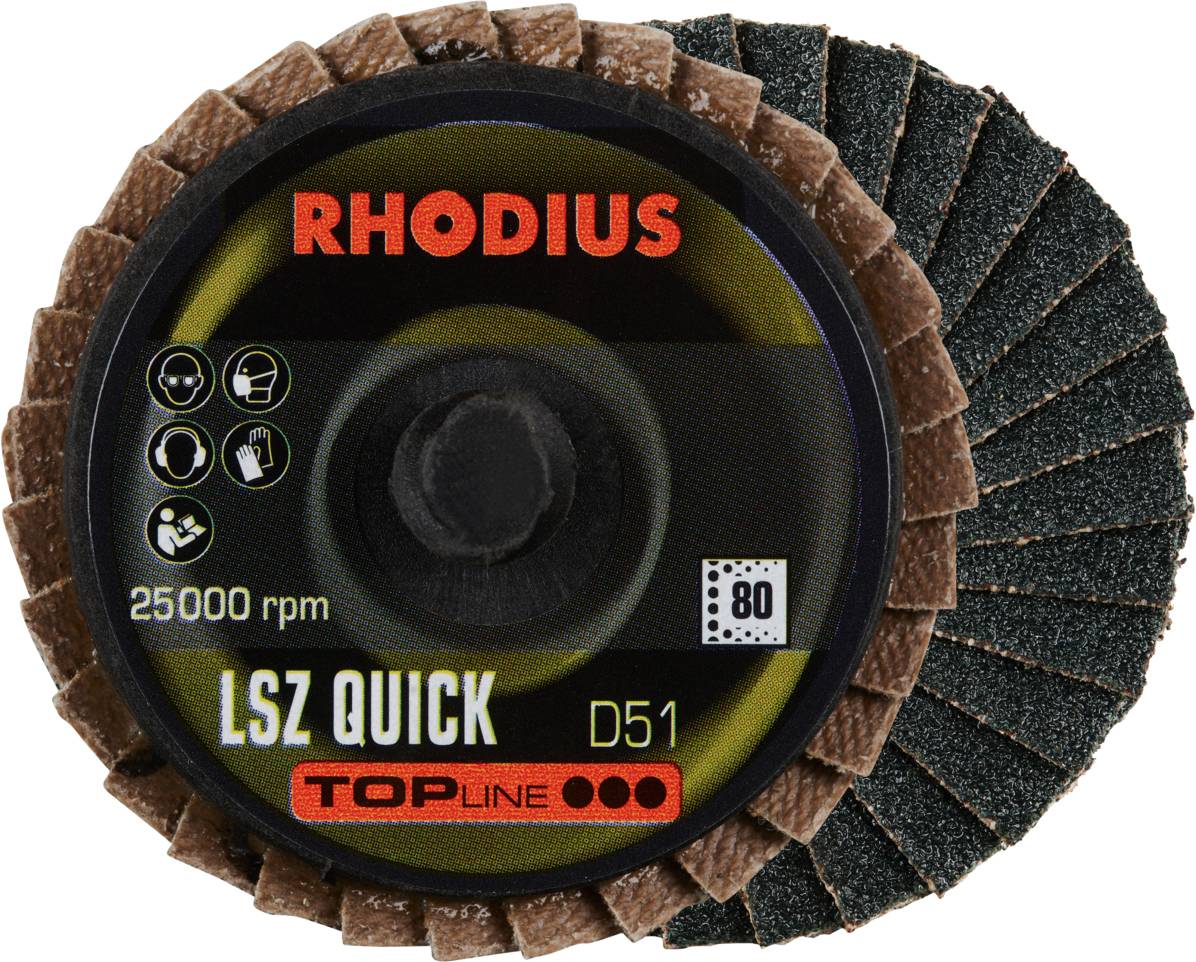 Schleifscheibe mit der Aufschrift 'RHODIUS LSZ QUICK D51', geeignet für 25000 U/min, Korn 80, hebt Langlebigkeit und Leistung hervor.