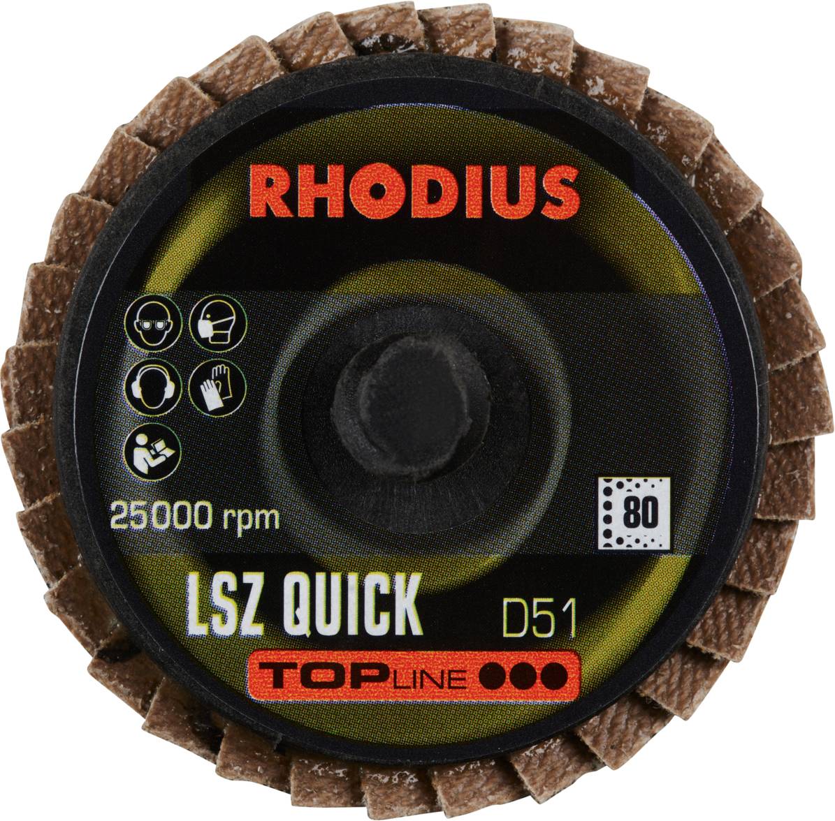 Schleifscheibe mit Beschriftungen: 'RHODIUS LSZ QUICK D51', Geschwindigkeit 25000 U/min, Körnung 80. Geeignet für Metallbearbeitung.