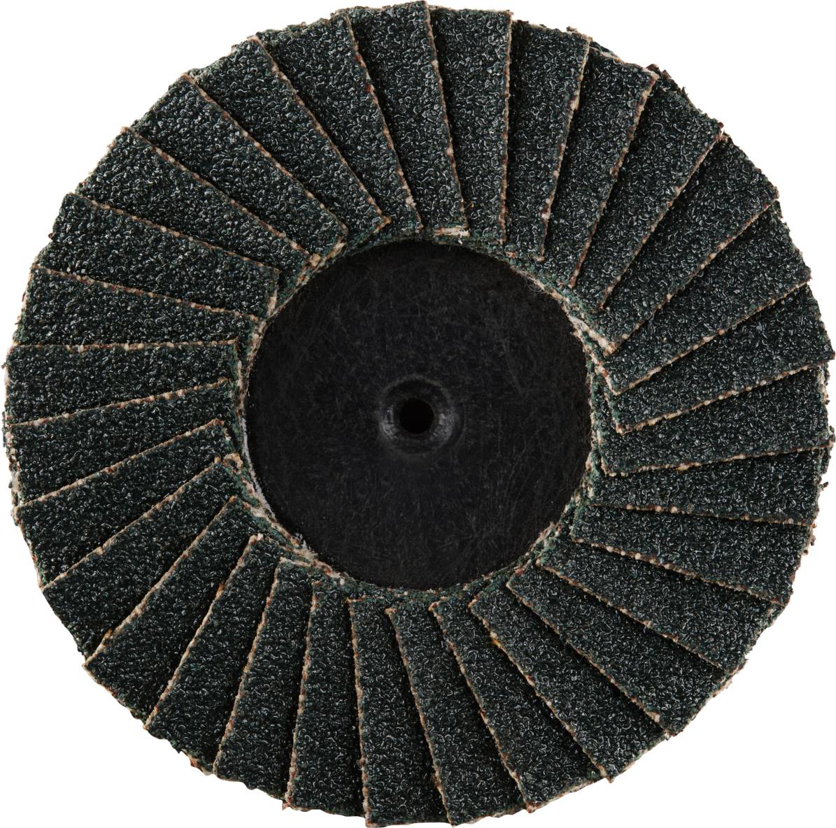 Eine Schleifscheibe mit überlappenden, abgerundeten Schleiflamellen in dunkler Farbe, zeigt eine radial angeordnete Struktur.