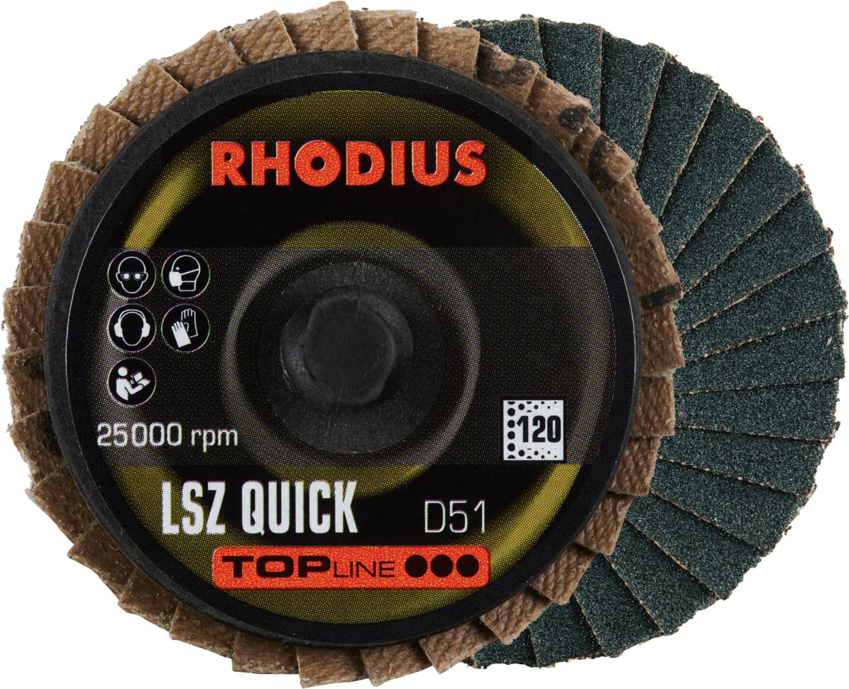 'Scheibenförmige Schleifscheibe mit braunen und grünen Lamellen, Markenname 'RHODIUS', Beschriftungen '25000 rpm', 'LSZ QUICK', und 'TOPLINE'.'