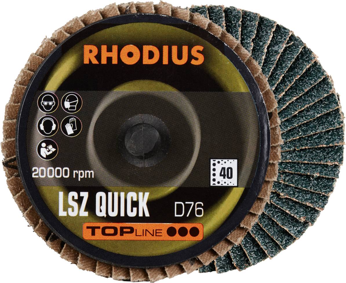 Schleifscheibe 'RHODIUS LSZ QUICK D76' auf gelbem Hintergrund, mit Markennamen, 20000 U/min, Körnung 40, Top Line Serie.