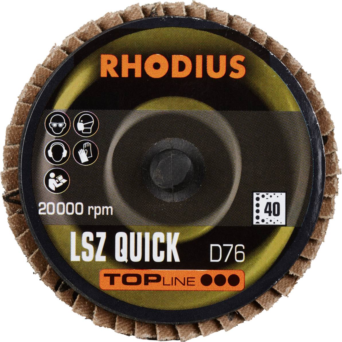 'RHODIUS' Schleifscheibe, Modell 'LSZ QUICK D76', 20000 U/min, 'TOPLINE' Serie, 40er Körnung. Geeignet für Metallbearbeitung.
