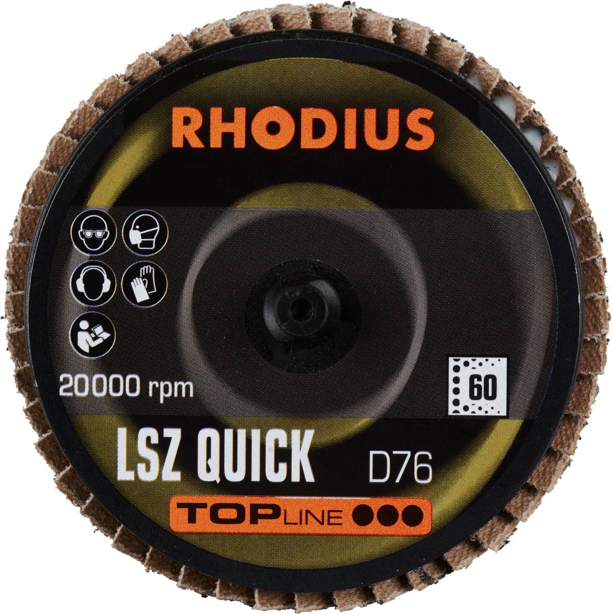 'RHODIUS LSZ QUICK D76' Schleifscheibe, max. 20000 U/min, mit Schutzsymbolen.