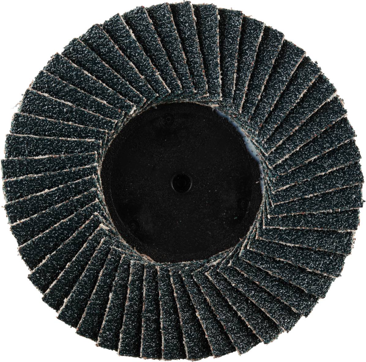 Schleifscheibe mit gefächerten Schleiflamellen, dunkelgrün, kreisförmig angeordnet um einen zentralen schwarzen Bereich.