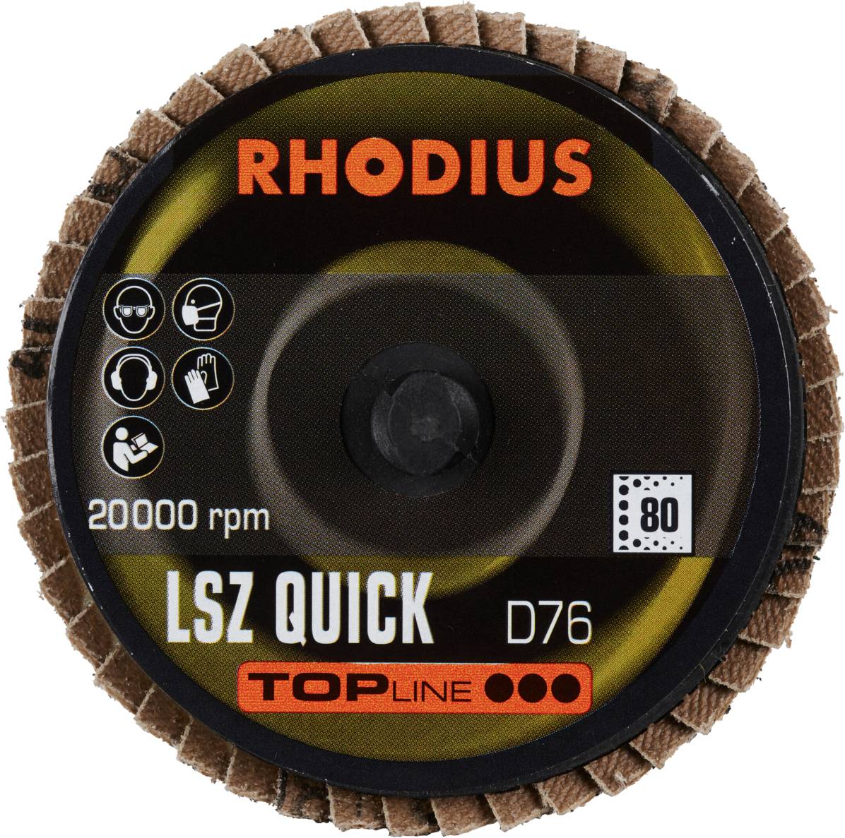 Schleifscheibe der Marke Rhodius, Modell 'LSZ QUICK D76', Geschwindigkeit 20.000 U/min, Körnung 80, Sicherheitssymbole zeigen Schutzmaßnahmen.
