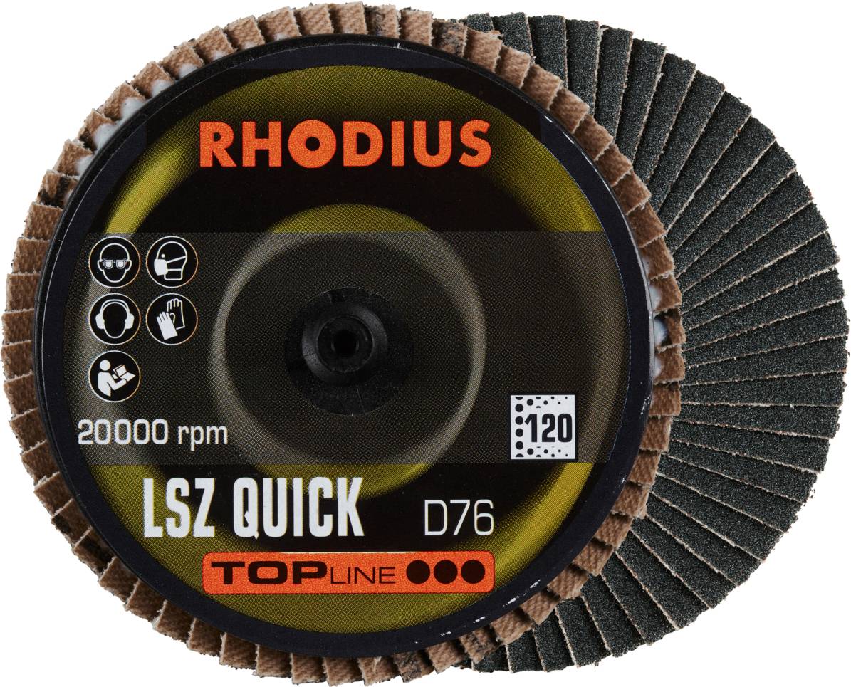 Schleifscheibe 'RHODIUS LSZ QUICK D76', 20000 U/min, Körnung 120, für Metallbearbeitung.