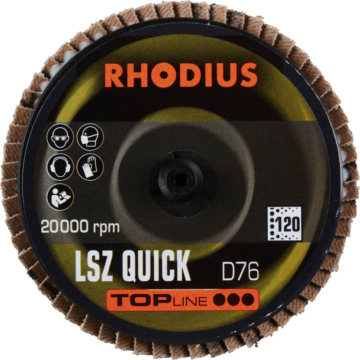 Schleifscheibe von Rhodius mit Aufschrift: '20000 rpm', 'LSZ QUICK D76', und '120 Körnung'. Einsatzbereich Piktogramme sichtbar.
