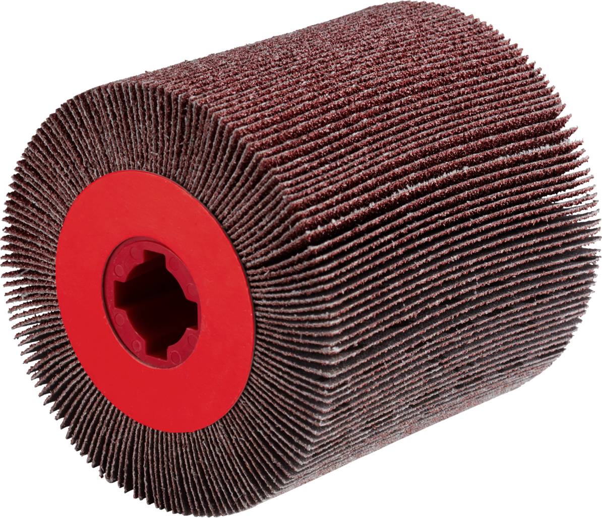 Eine zylindrische Schleifscheibe mit roten Kunststoffkappen und dunklen Schleiflamellen, geeignet für das Polieren von Oberflächen.