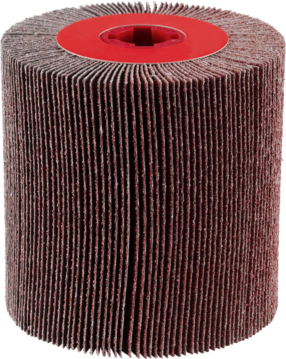 Ein zylindrischer Schleifstift mit roten Falten und rotem Zentrum, verwendet zum Schleifen oder Polieren von Oberflächen.