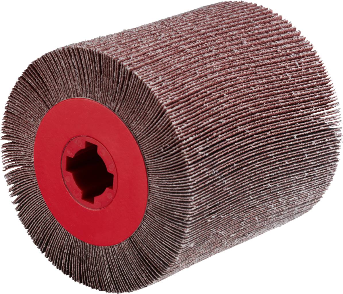 Abgenutzte Schleifwalze mit rotem Kunststoffkern und radialen Schleifblättern. Geeignet für Oberflächenbearbeitung und Polieren.