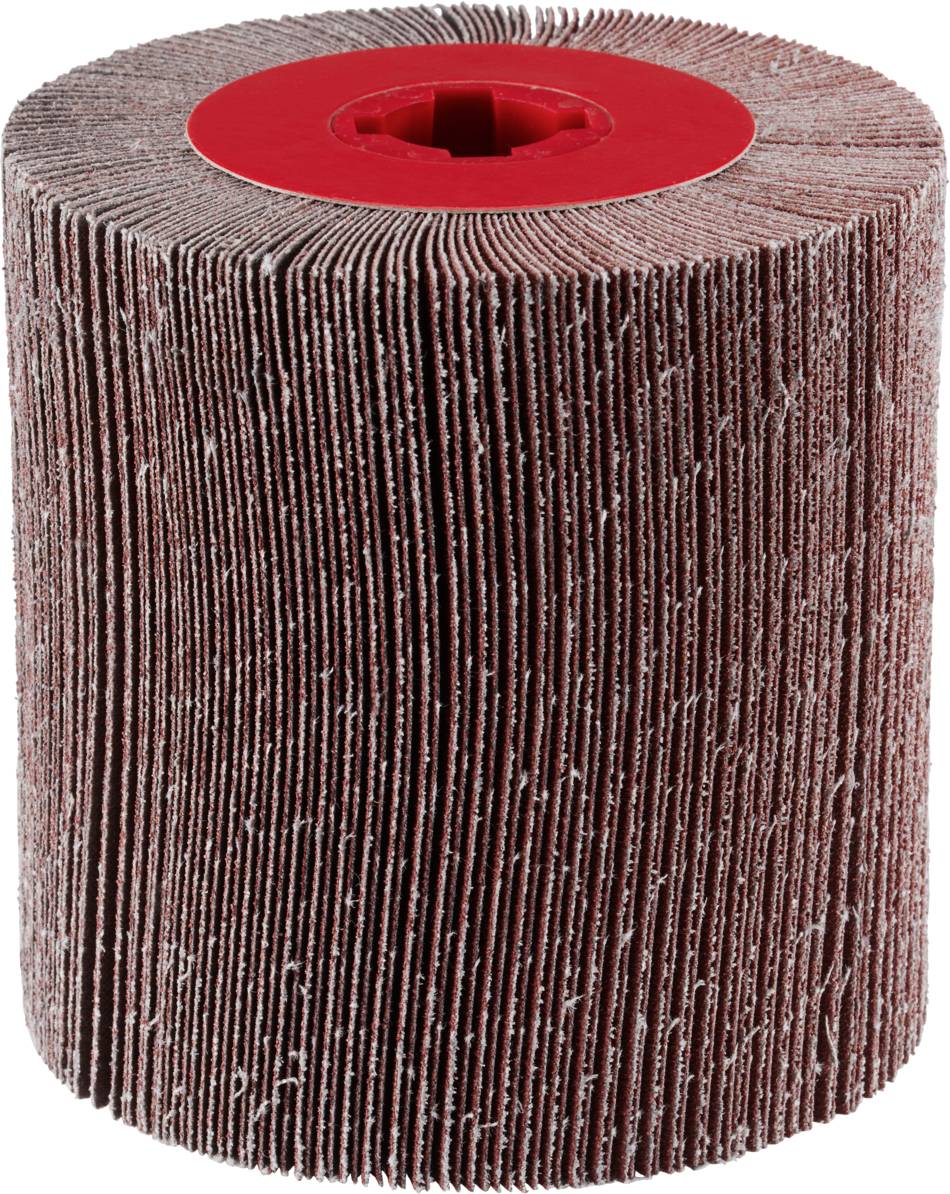 Ein rot-brauner Schleifvlies-Spannzylinder mit rotem Kunststoffkern. Er hat eine zylindrische Form und wird zur Oberflächenbearbeitung verwendet.
