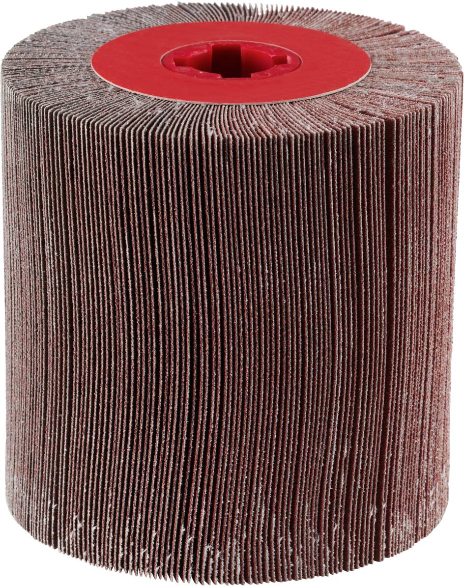 Ein zylindrischer Schleifvlies mit rotem Innenkern, vertikale Falten für Schleifarbeiten, geeignet für Oberflächenglätter.