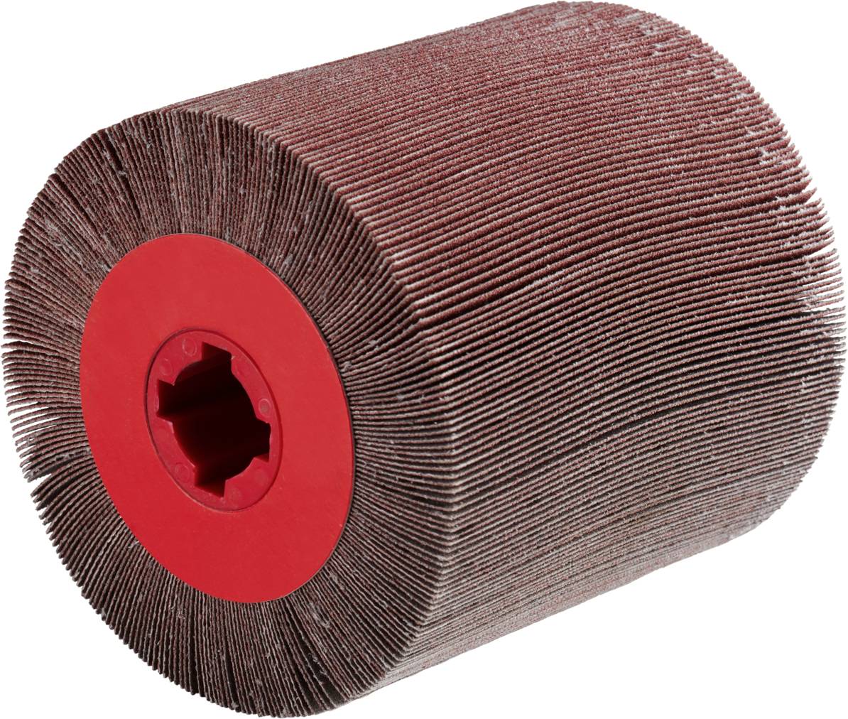 Ein Schleifvlies mit rotem Innenkern, zylindrisch geformt, wird für die Oberflächenbearbeitung und -reinigung eingesetzt.