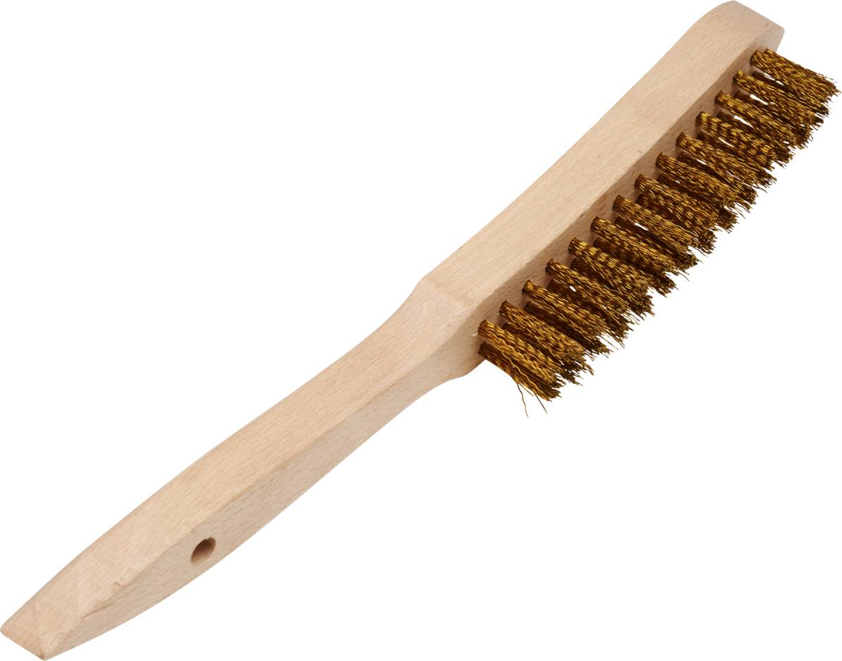 Holzbürste mit Metallborsten, seitlich abgebildet. Geeignet zur Reinigung von Metalloberflächen oder zur Entfernung von Rost.