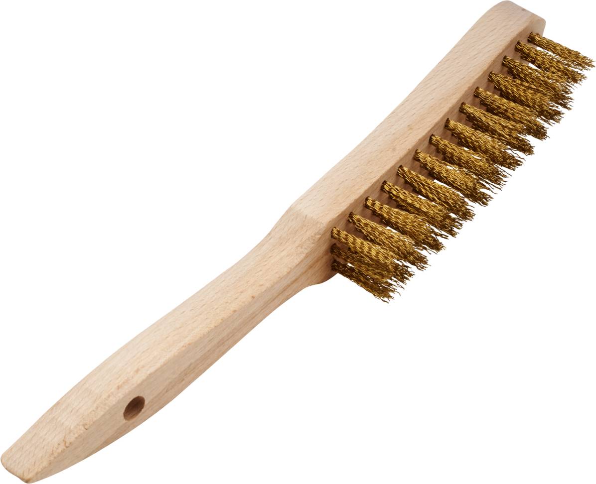Holzgriff-Drahtbürste mit gelben Borsten, geeignet für die Reinigung von Oberflächen oder zum Entfernen von Rost.