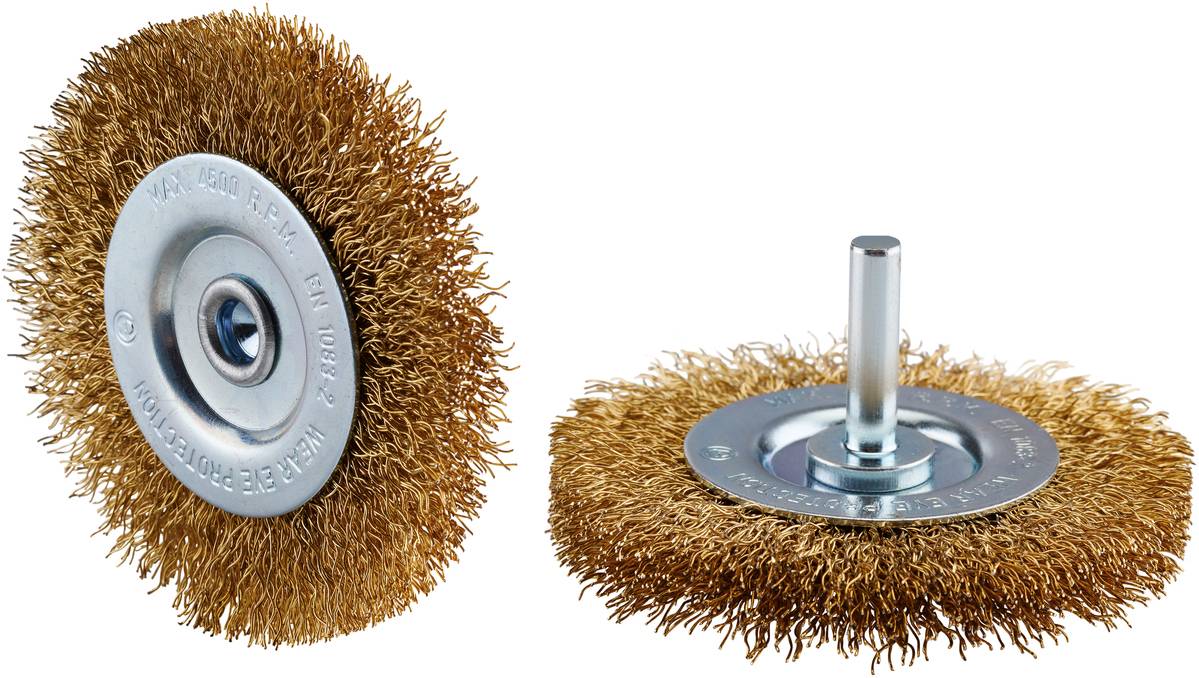 Zwei Drahtbürsten mit Metallborsten und runden Halterungen auf weißem Hintergrund. Eine hat einen Schaft zum Befestigen an Werkzeugen.
