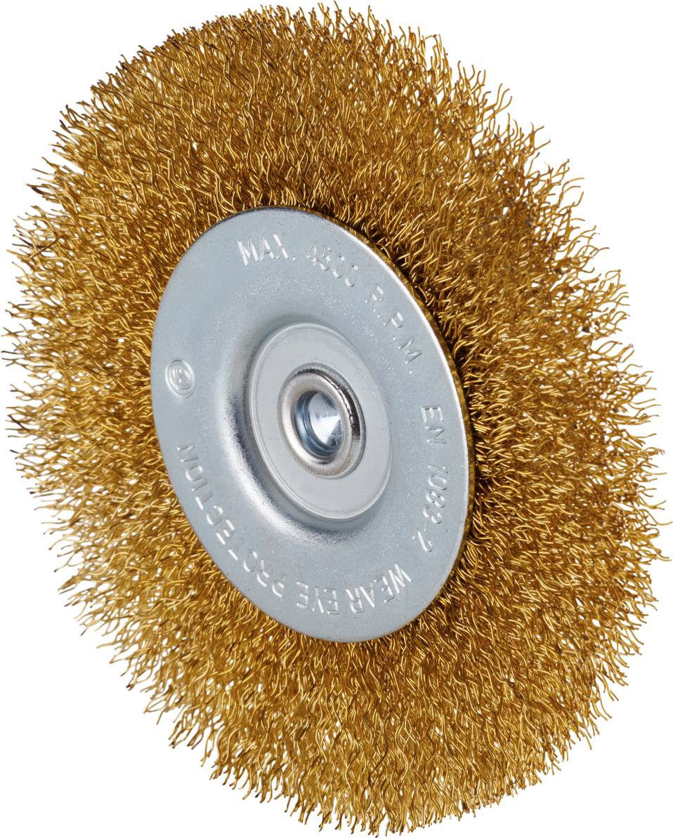 Runde Drahtbürste mit Metallborsten und einem zentralen Bohrloch zur Befestigung an Werkzeugen, verwendet zur Oberflächenreinigung.