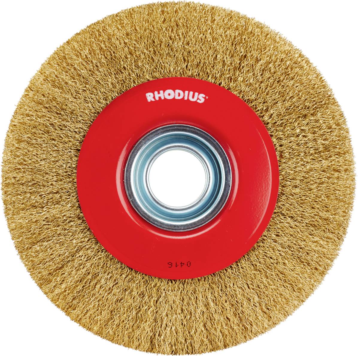 Runde Drahtbürste mit rotem Zentrum, markiert mit 'RHODIUS'. Verwendung für Reinigungs- oder Schleifarbeiten an Metalloberflächen.