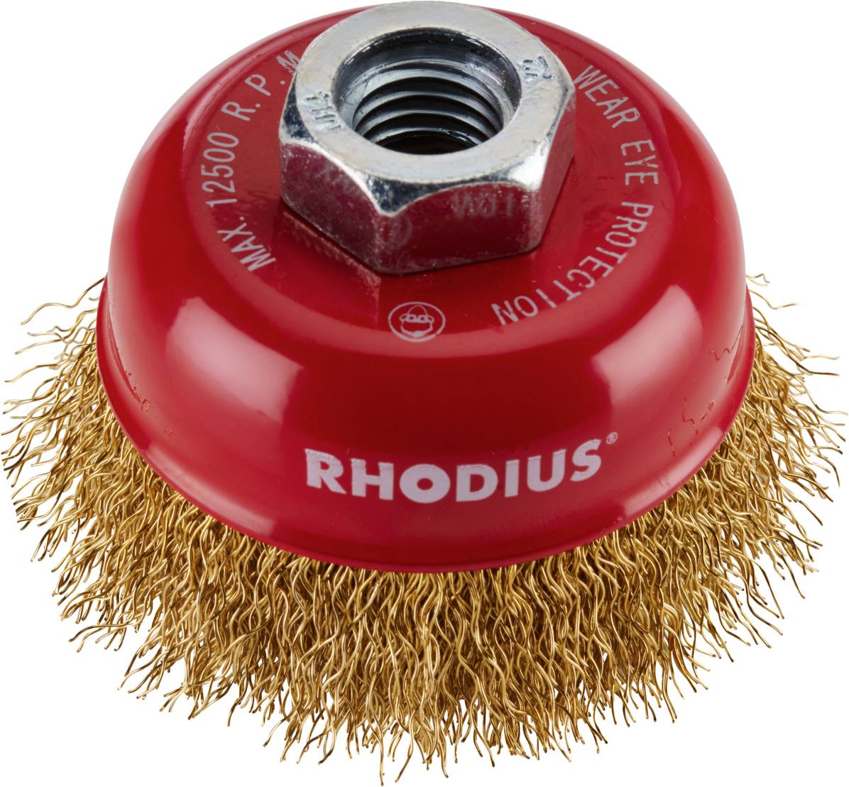Runde Drahtbürste mit rotem Gehäuse, Aufschrift 'RHODIUS'. Metallborsten um die Basis, mit integriertem Befestigungsgewinde oben.