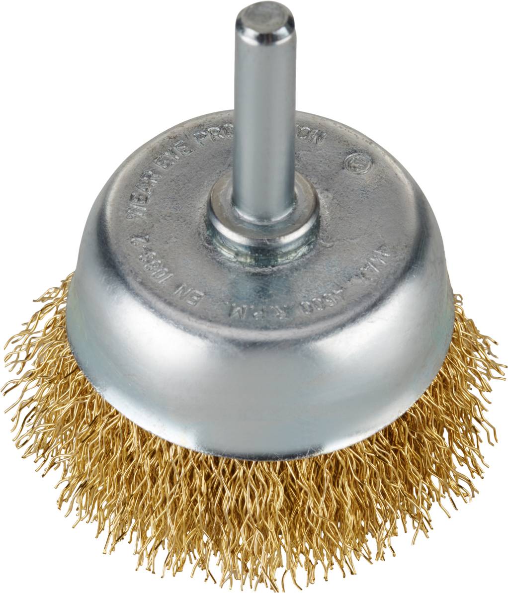 Schleifbürste aus Metall, mit runden Drahtborsten, geeignet zum Entfernen von Rost und Farbe, montiert auf einem runden Schaft.
