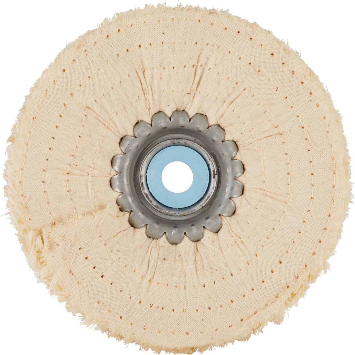 Ein runder, beiger Polieraufsatz mit einem blauen Ring in der Mitte, umgeben von stoffartigen Schichten. Hauptsächlich für Polierarbeiten verwendet.