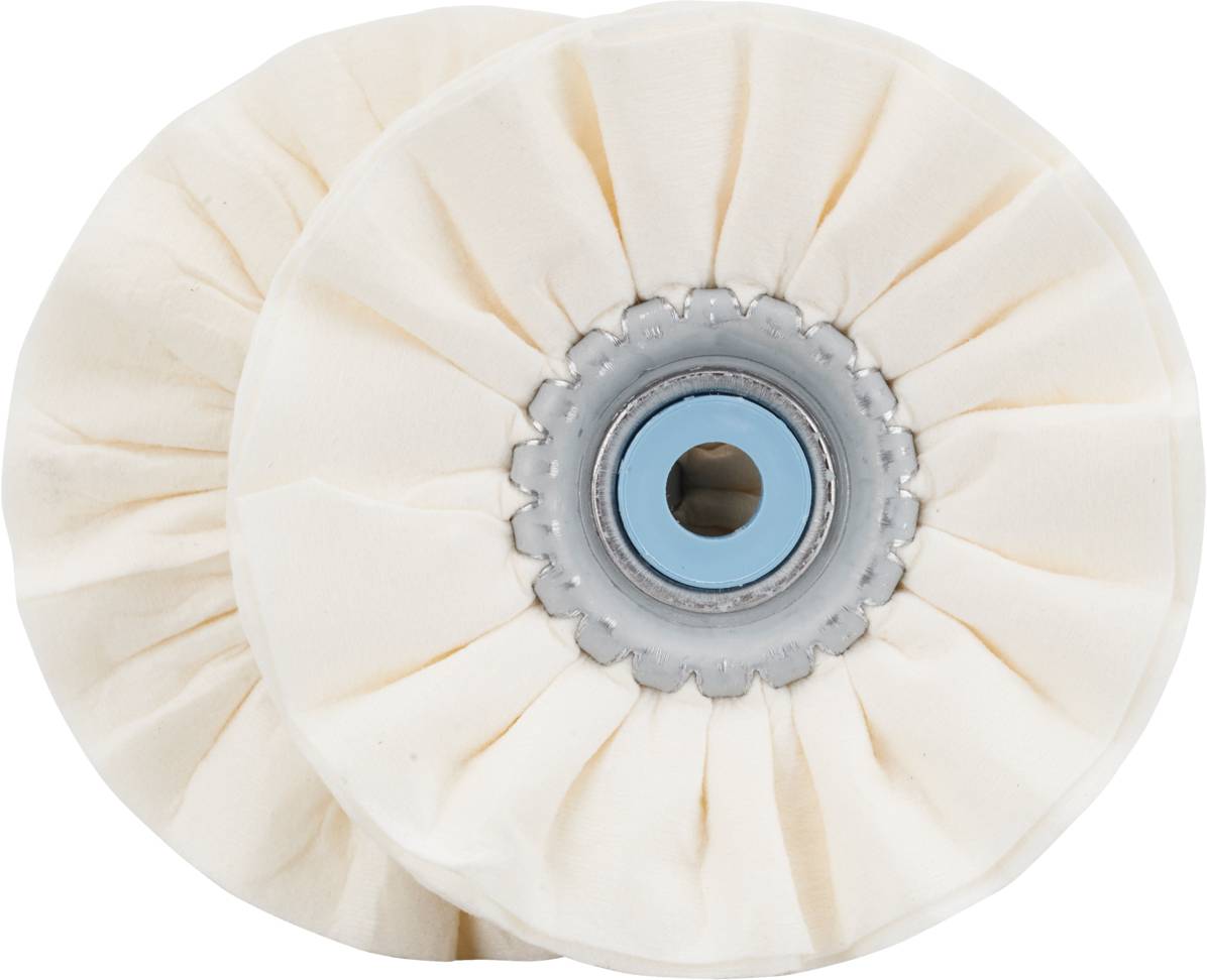 Zwei weiße Polierscheiben mit blauen Montageteilen in der Mitte, konzentrisch angeordnet. Geeignet für Glättungs- und Polierprozesse.