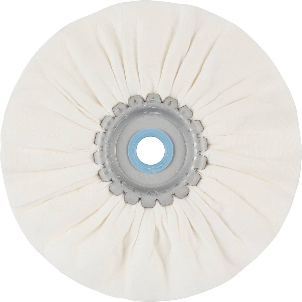 Ein weißes, rundes Stoffrad mit einem metallischen Zentrum, das als Polierscheibe verwendet wird.