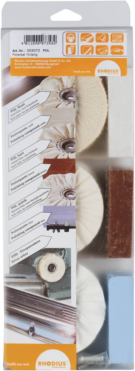 Verpackung von Polierscheiben, zeigt verschiedene Arten und ihre Anwendungen auf, z.B. Rost-Entfernung und Hochglanzpolitur.