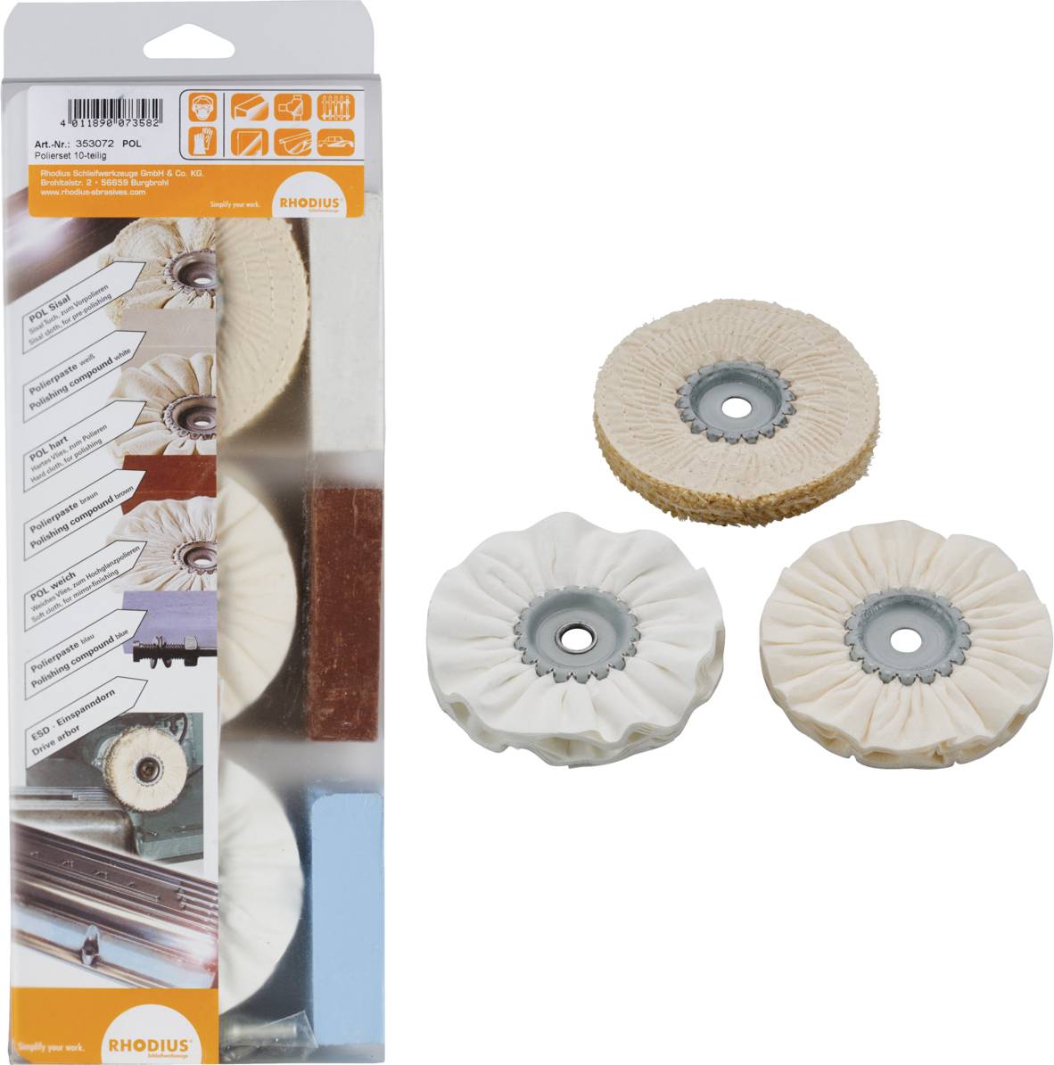 Verpackung mit drei Polierscheiben für Metallbearbeitung, zeigt verschiedene Anwendungen. Markenlogo und Produktinformationen sichtbar.