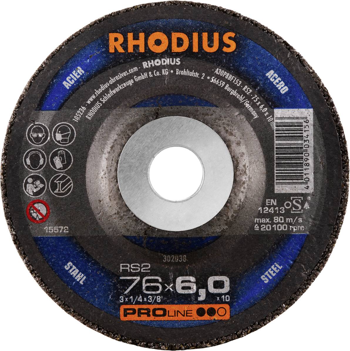 'RHODIUS' Schleifscheibe für Stahl, Typ RS2, Maße: 76 x 6,0 mm. Geeignet für Winkelschleifer. Maximale Drehzahl: 21.000 U/min.