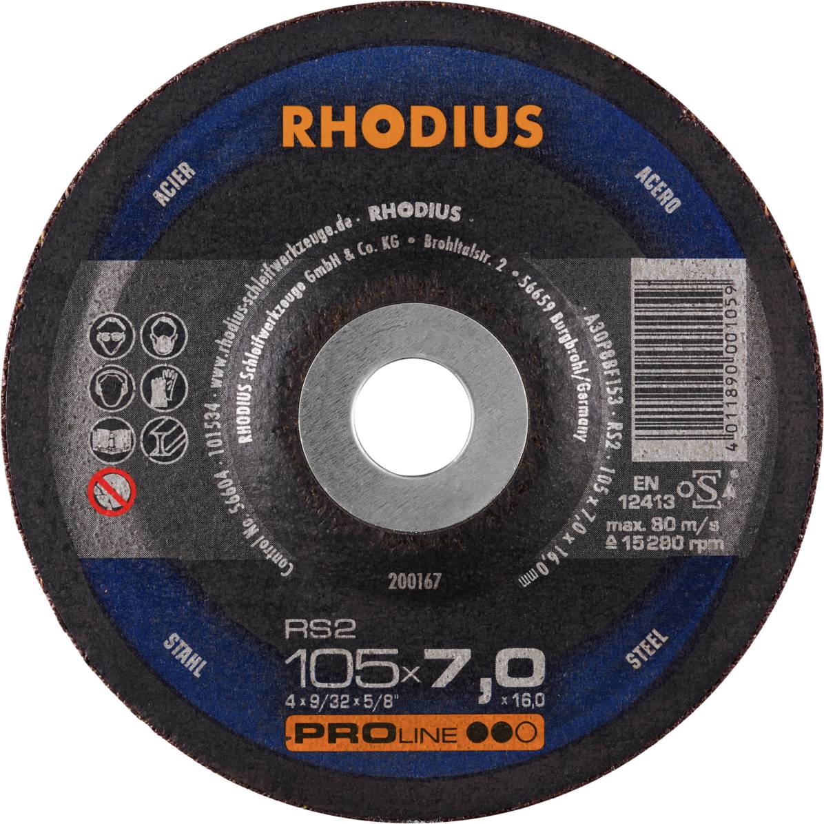 Trennscheibe für Stahl, 105 x 7,0 mm, von RHODIUS, mit EN 12413 Norm, max. 80 m/s, max. 15.280 U/min.
