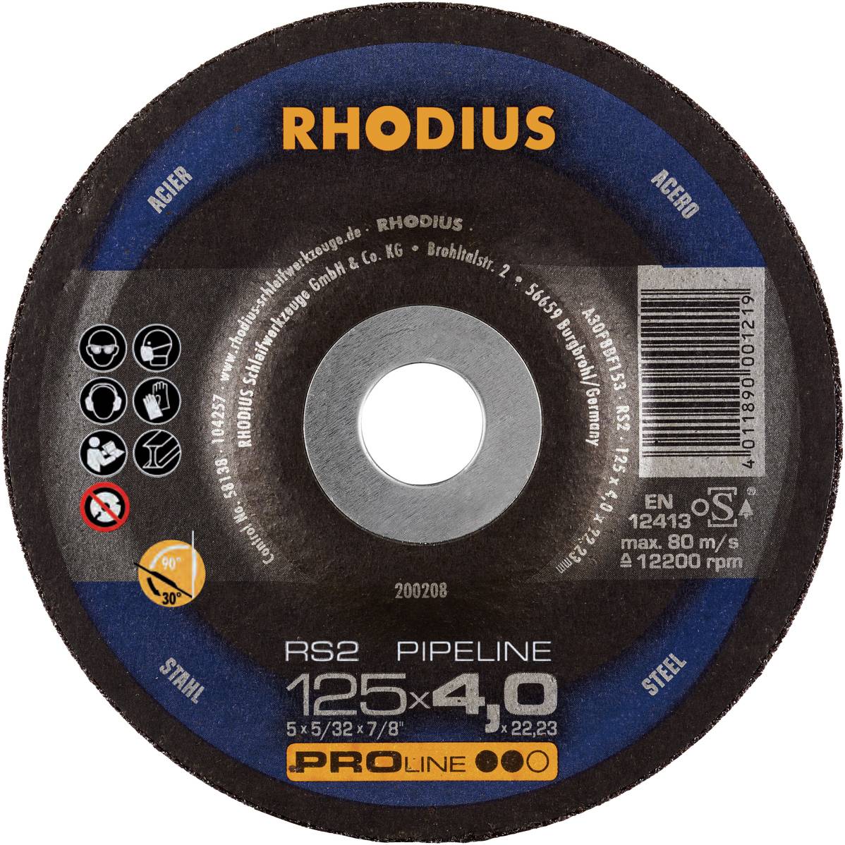 Schleifscheibe der Marke Rhodius für Stahlbearbeitung. Modell RS2 Pipeline, 125x4,0 mm, max. 80 m/s, 12200 U/min.
