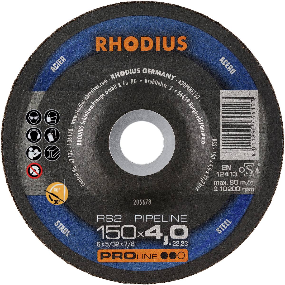 Schleifscheibe mit der Aufschrift 'RHODIUS RS2 PIPELINE 150x4,0 mm'. Geeignet für Stahlbearbeitung. Max. Drehzahl 10.200 U/min.