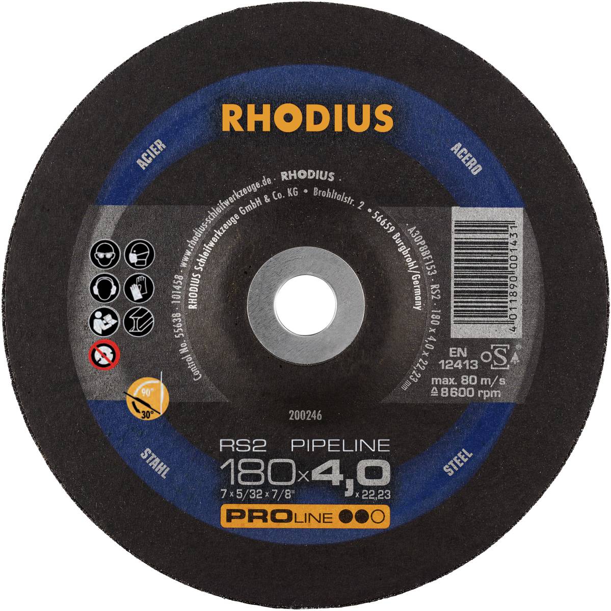 Trennscheibe mit 'RHODIUS' Schriftzug und Spezifikationen: 180x4,0 mm, für Stahl/Acero geeignet, Proline-Serie.