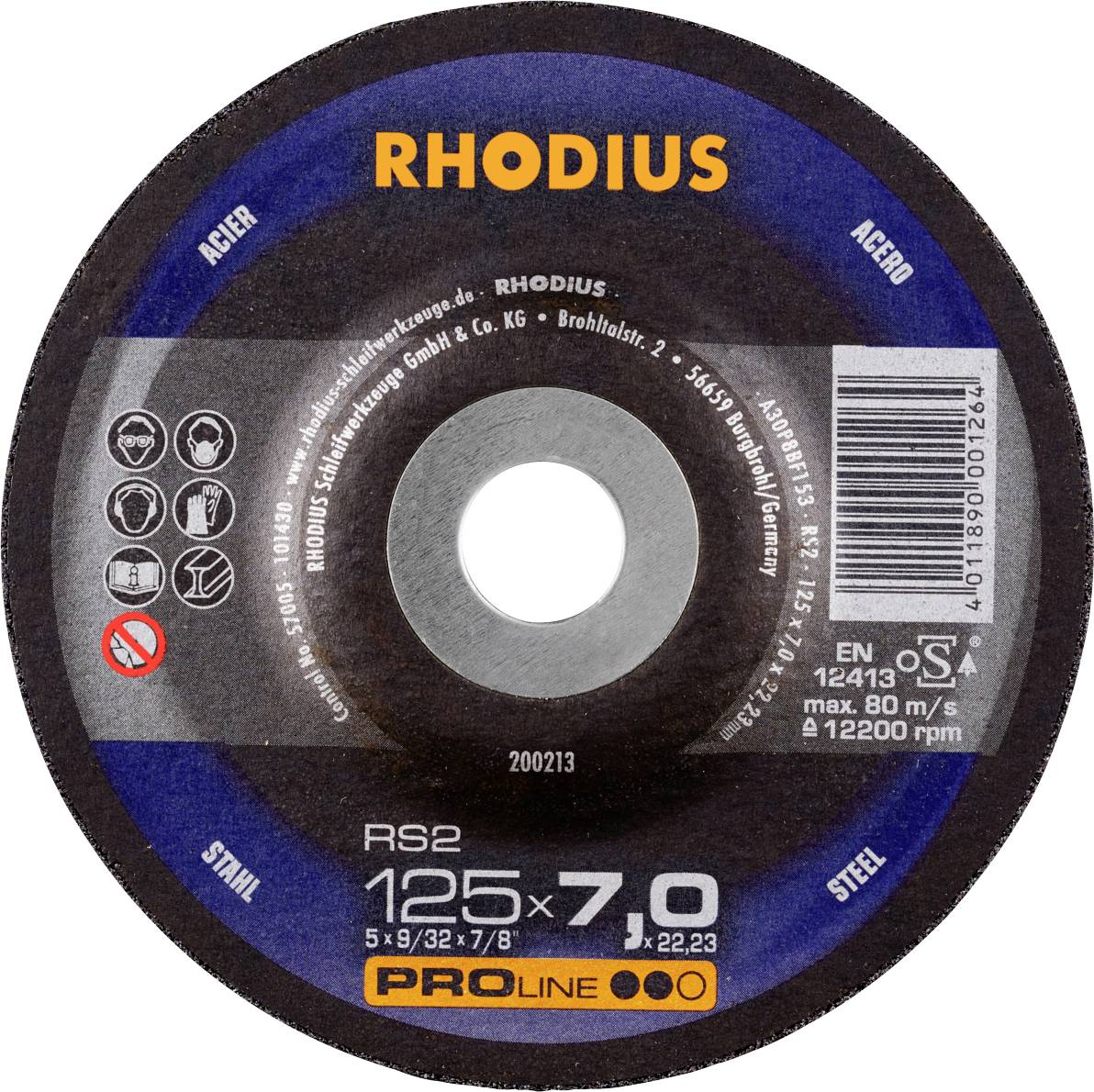 'RHODIUS' Schleifscheibe, Proline, Durchmesser 125 mm, Dicke 7 mm, geeignet für Stahl, max. 80 m/s und 12200 U/min.