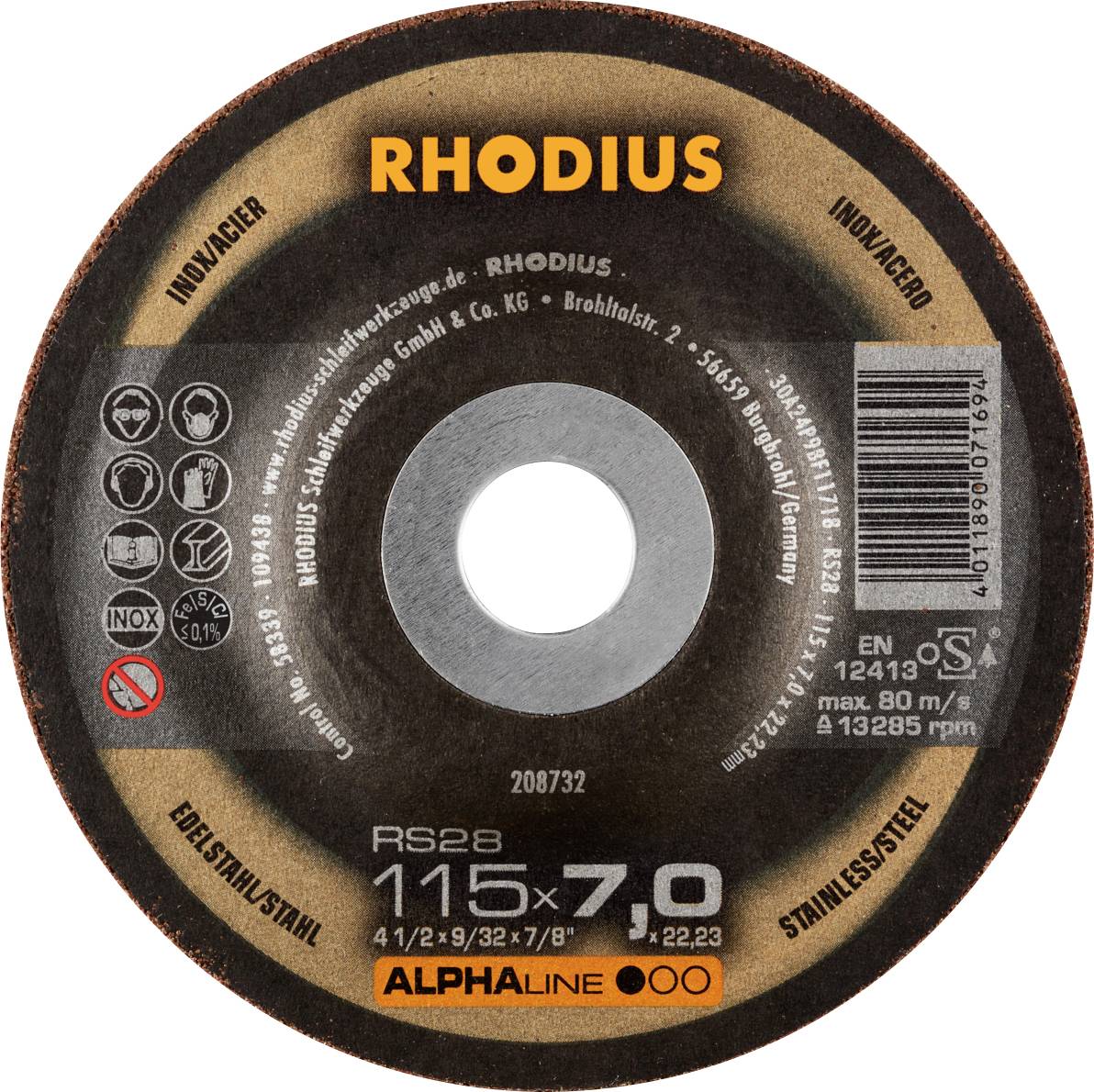 Schleifscheibe der Marke Rhodius, Modell RS2B, 115x7 mm, für Stahl und Edelstahl. Prüfnummer: 208732, EN 12413, maximale Drehzahl 13.285 U/min.