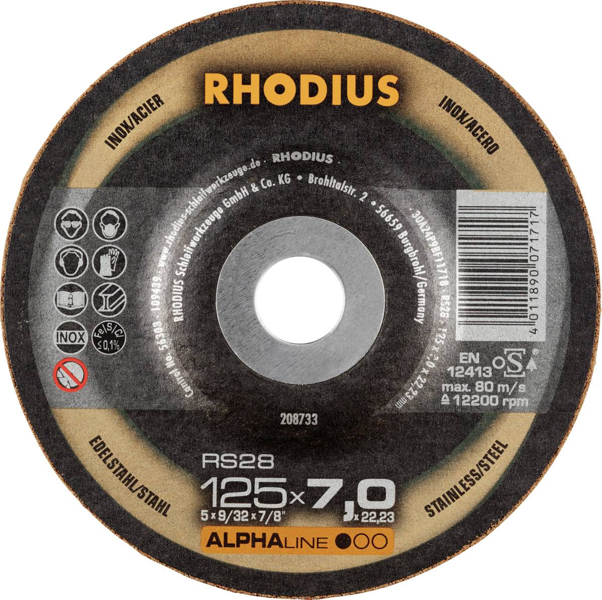 'RHODIUS' Schleifscheibe mit 125 mm Durchmesser, geeignet für Edelstahl. Aufschrift: 80 m/s, max. 12200 U/min, EN 12413.