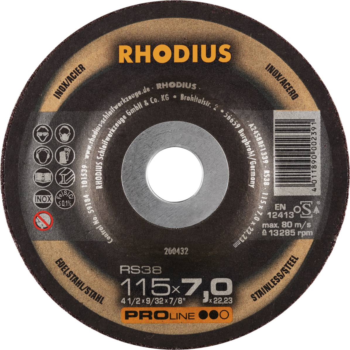 'RHODIUS' Schleifscheibe für Edelstahl, 115 mm Durchmesser, 7 mm Stärke. Markierungen zeigen Sicherheits- und Anwendungshinweise.