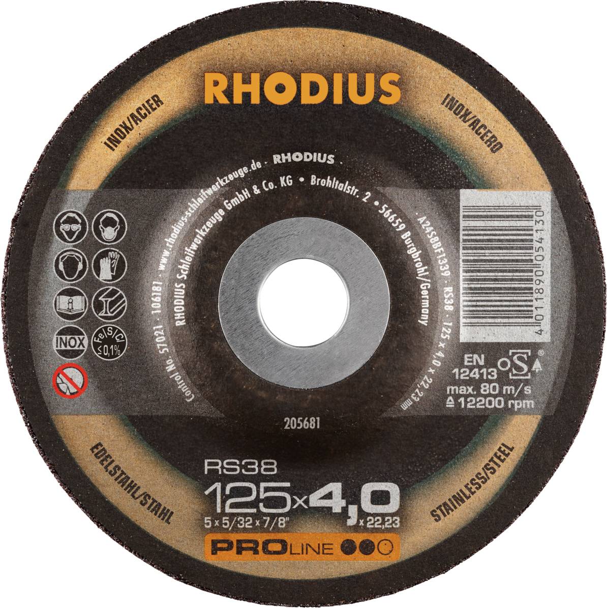 Eine Schleifscheibe der Marke Rhodius, Modell RS38, Durchmesser 125x4 mm, geeignet für Edelstahl, mit Produkt- und Sicherheitsinfos.