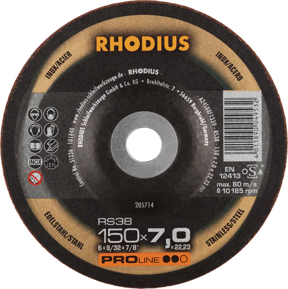 Schleifscheibe von Rhodius, Modell RS38, Durchmesser 150 mm, Stärke 7.0 mm, für Edelstahl, max. Drehzahl 80 m/s, 10185 U/min.