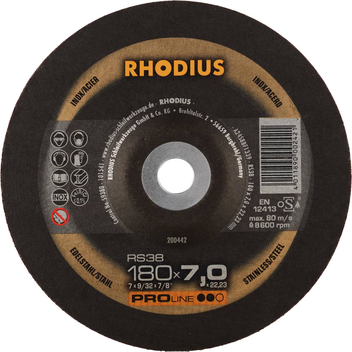 Trennscheibe der Marke Rhodius, geeignet für Edelstahl. Durchmesser 180 mm, Dicke 7 mm. Maximal 80 m/s bei 8600 U/min.