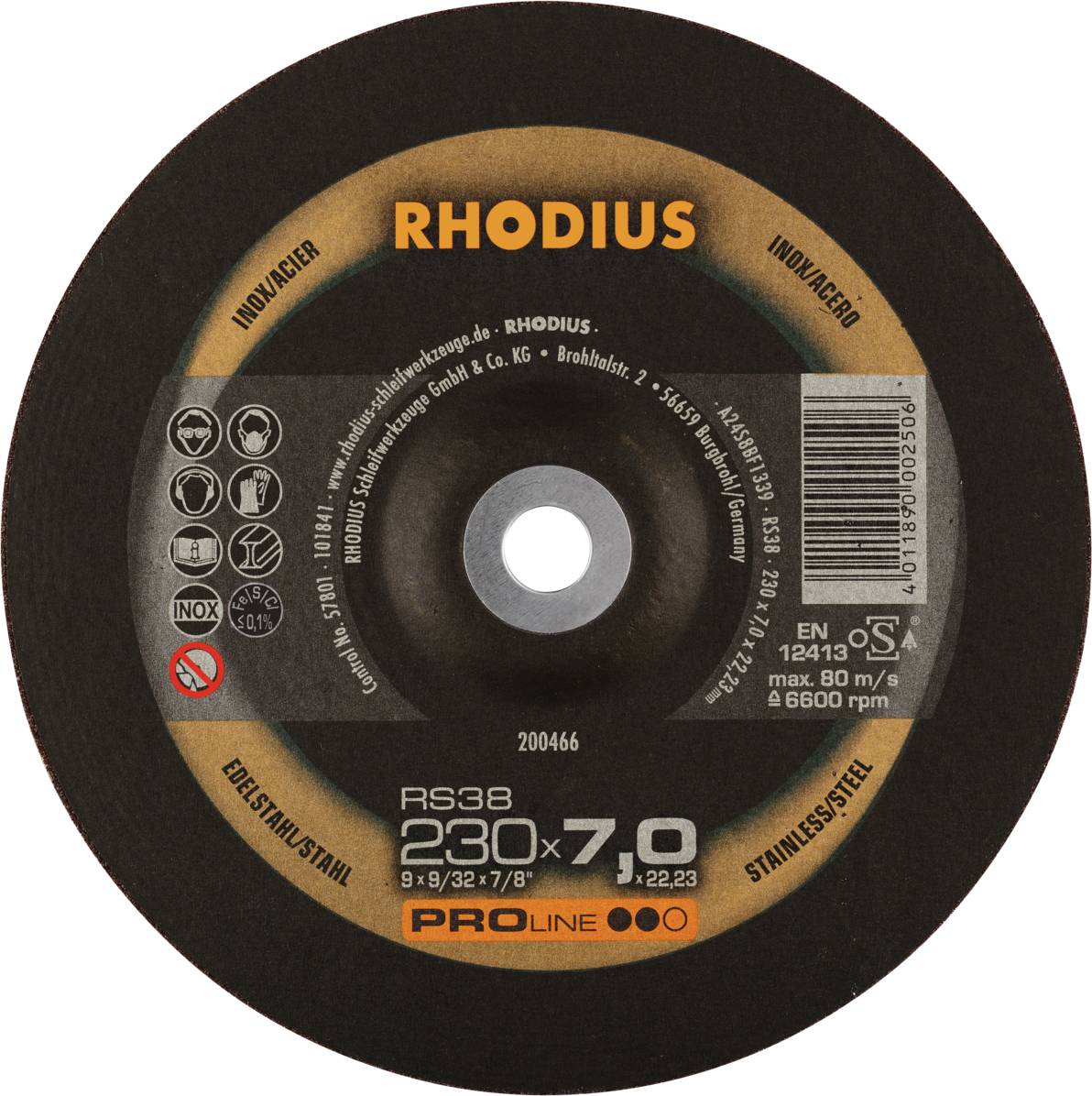 'RHODIUS' Schleifscheibe, Proline RS38, 230x7,0mm, Edelstahl, max. 80 m/s, 6600 U/min. EN 12413, industrialer Einsatz.