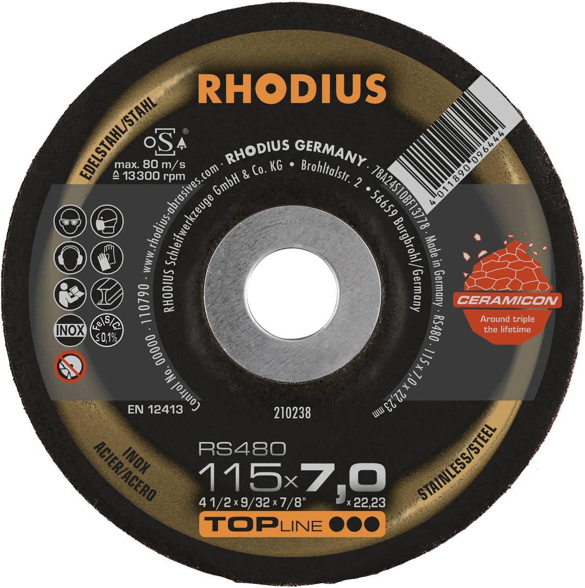 'RHODIUS Topline RS480' Schleifscheibe für Metallbearbeitung, 115x7,0 mm, geeignet für Edelstahl, max. Geschwindigkeit 80 m/s, Zertifizierung EN 12413.