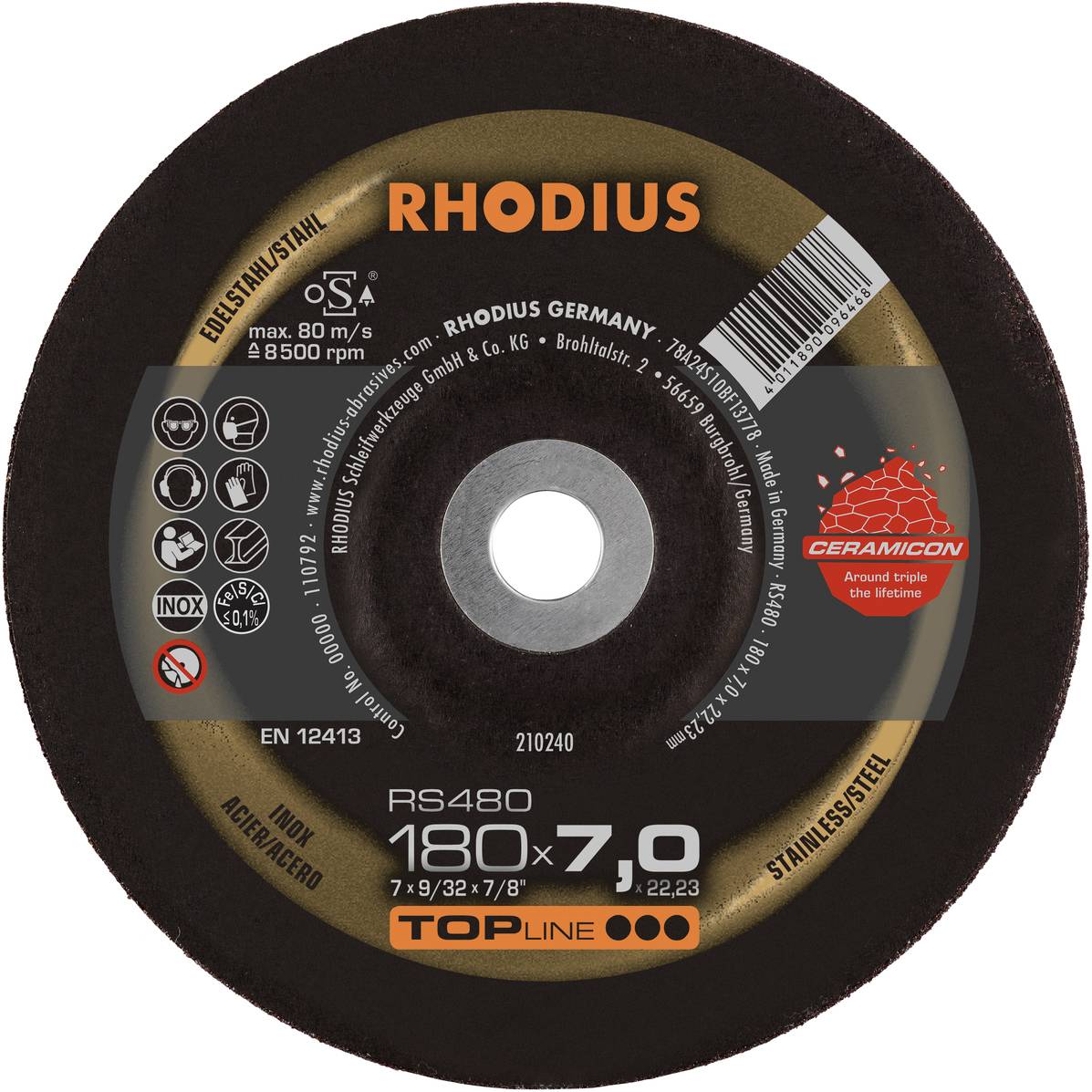 'RHODIUS' Schleifscheibe mit Aufschrift: '180 x 7,0 x 22,23 mm'. Geeignet für Edelstahl, hohe Drehzahl, umlaufende Logos und Zertifizierungen.