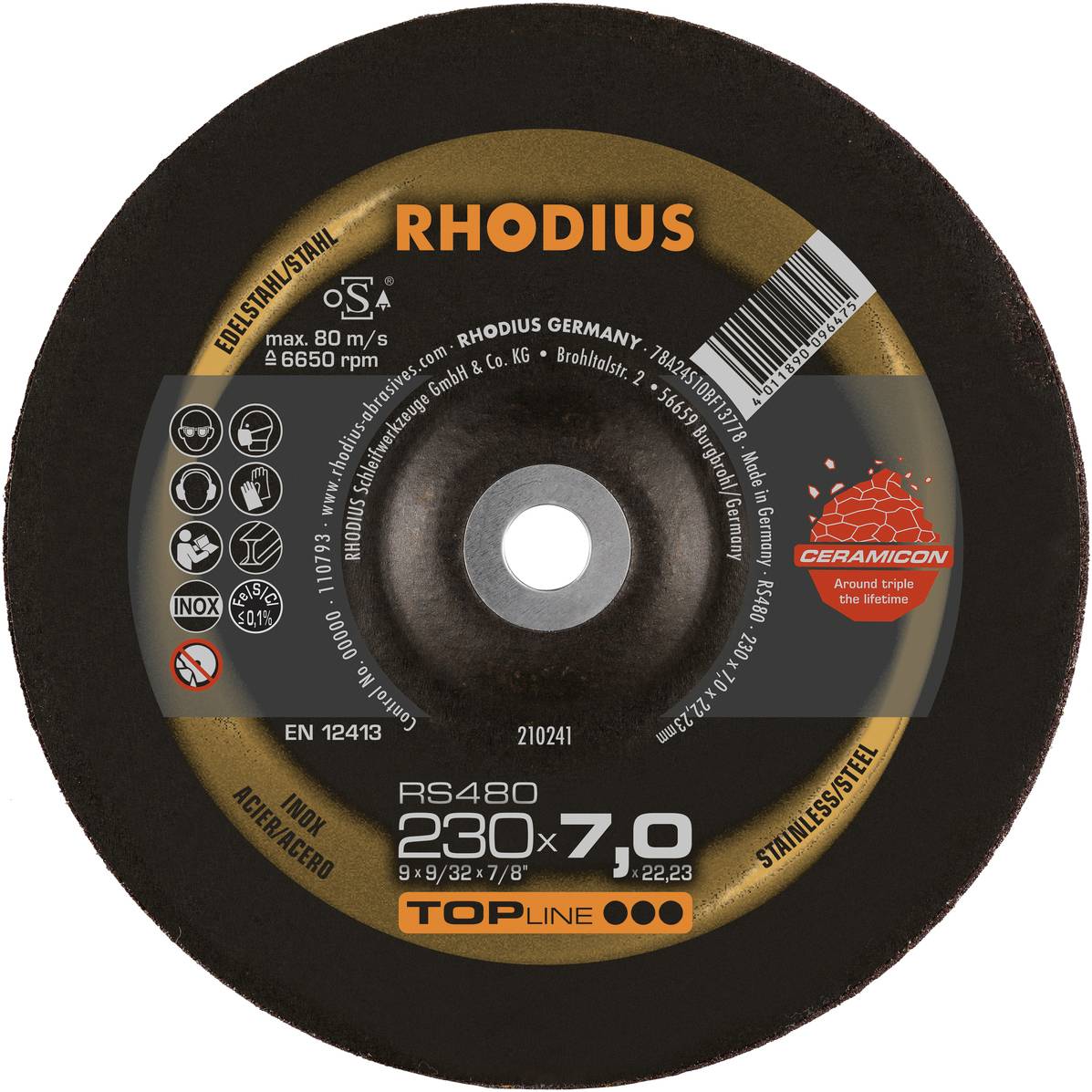 'RHODIUS' Trennscheibe, Durchmesser 230 mm, Dicke 7 mm, für Stahl/Edelstahl, max. 80 m/s, 6650 U/min, CE- und EN 12413-Standards.